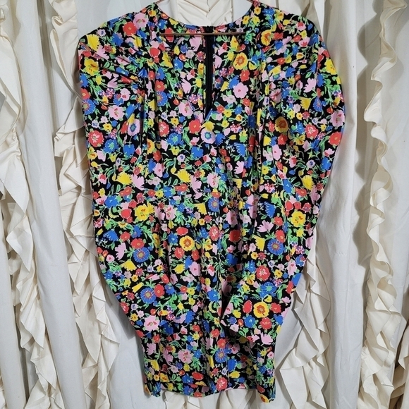 Zara Floral Puff Shoulder Mini Dress XS Dramatic Gigot Statement Sleeve Cotton - Picture 4 of 12